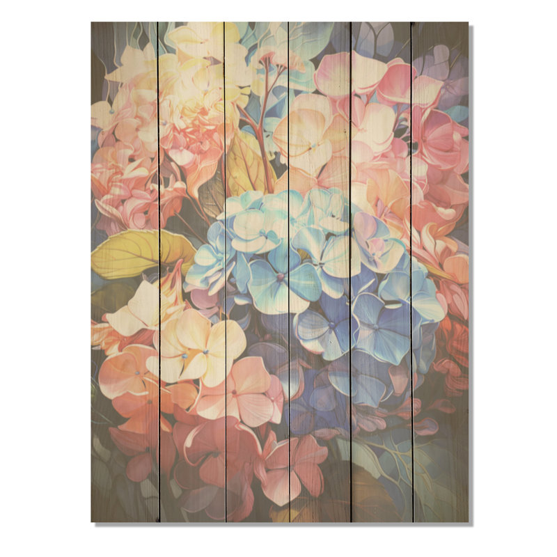 Hortensia bleu et orange en fleurs I - Hortensia, art mural sur bois de pin naturel, H 40 po x l 30 po