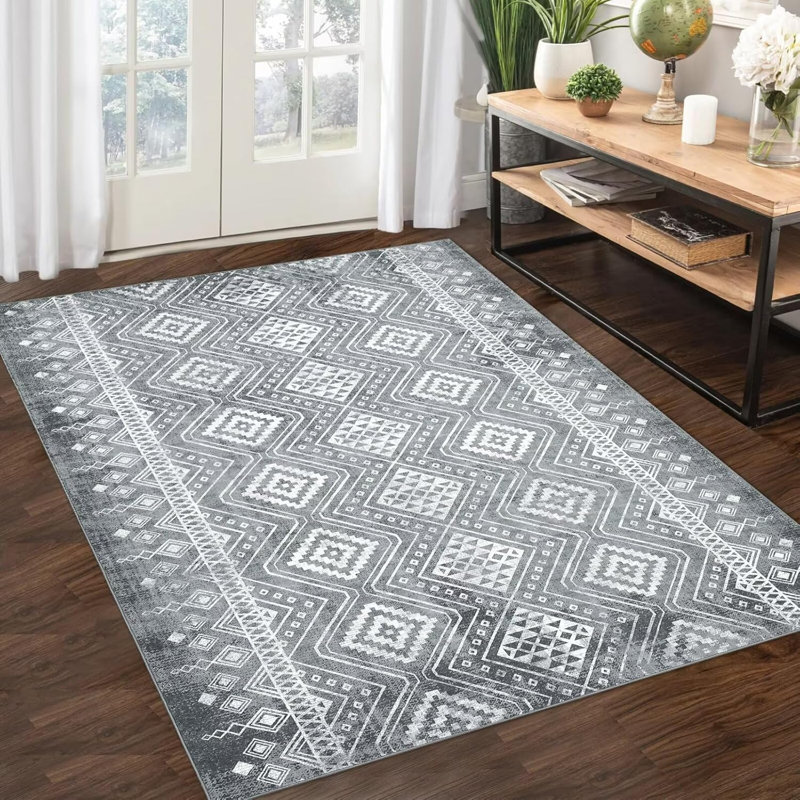 8x10 Geometric Washable Area Rug – Non-Slip, Easy-Clean Modern Farmhouse Carpet for Living Room, Bedroom, Non-Shedding, Distressed Throw Rug, Grey