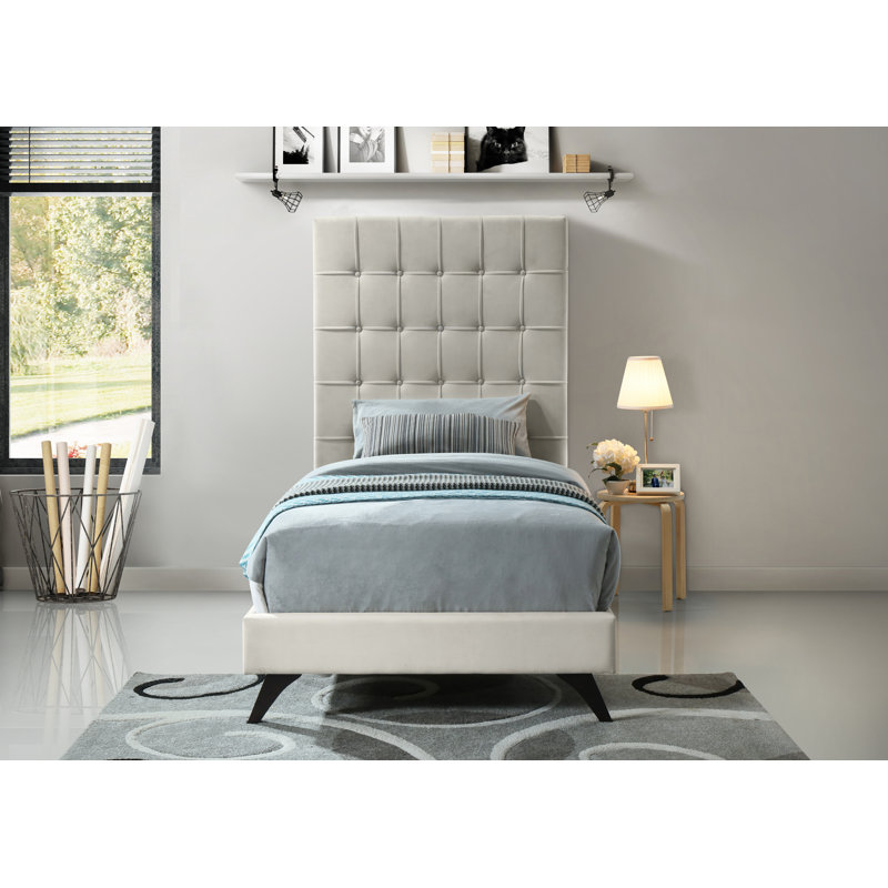 Lit plateforme tapissier Elly, Velours crème, Lit simple