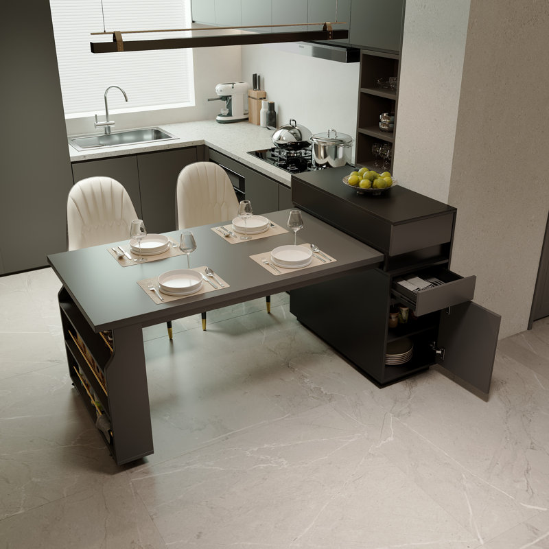 31.4''W  Rolling Kitchen Island With Extendable Dining Table For 2-4, Open Shelevs, Storage Drawer And Cabinet