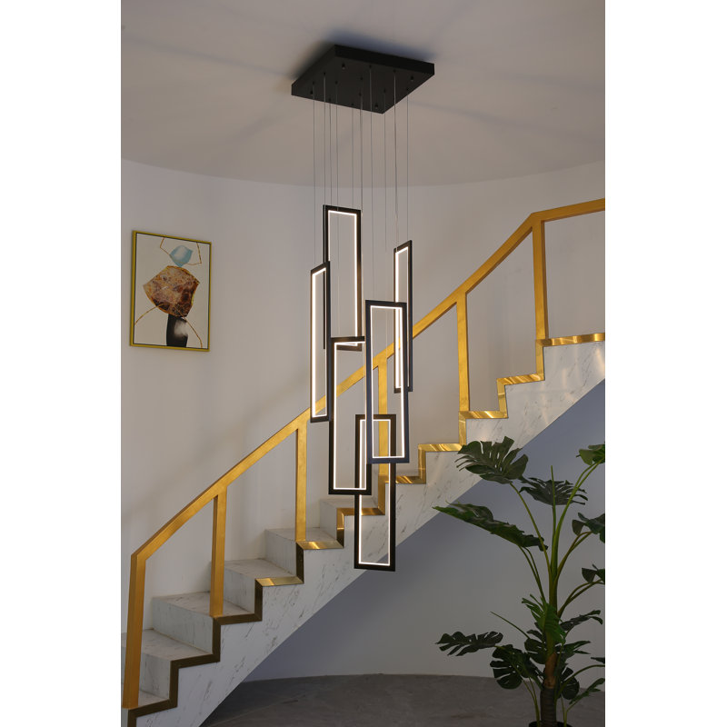 Markiya Dimmable LED 6 Ring Rectangle Chandelier Modern Black Stair Chandeliers High Ceiling Chandelier for Foyer