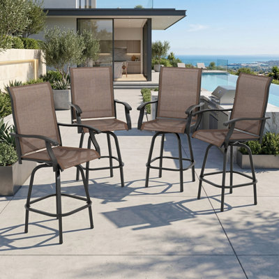 Jatziry Outdoor Patio Swivel Bar Stool of 4 Iron Bar Height Bistro Chairs with Armrests for Sunroom, Brown with Gold Speckles