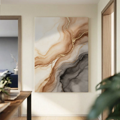 Tableau abstrait fluide effet marbre doré, impression sur toile tendue sur châssis, 61 x 91 cm, décor mural effet pierre liquide crème et or pour salon, chambre et bureau