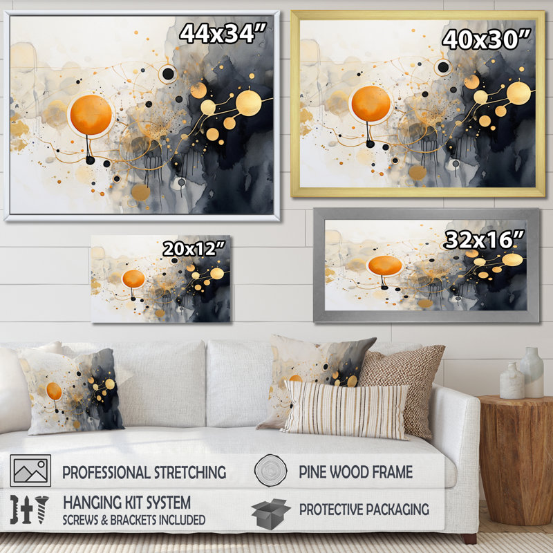 «Black and Gold Whimsical Waves I», reproduction sur toile, Cadre flottant doré, H 12 po x l 20 po x P 1 po