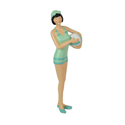 Figurine gracieuse brune rétro de beauté de bain - Maillot de bain rayé vert sauge et bleu clair, tenant un ballon de plage, polyrésine coulée à la main peinte à la main