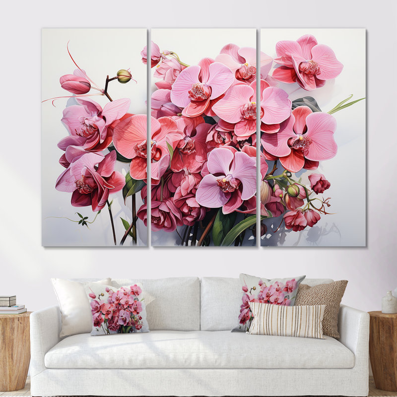 «Pink Orchids Minimalisme Dream» - ensemble d'art mural Orchidées, Toile tendue, H 32 po x l 48 po x P 1 po