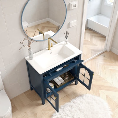 36"Farmhouse Freestanding Bathroom Vanity Sink with Storage, Patterned Glass & Motion-Sensor Light