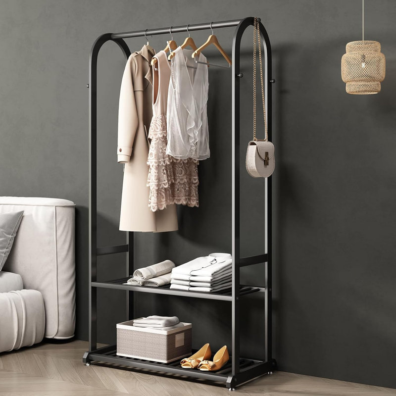 Black Heavy Duty Metal Garment Rack with Shelves and Hooks