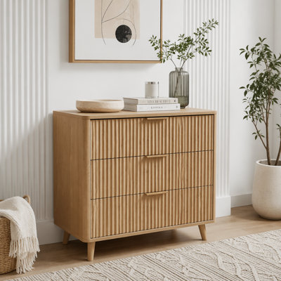 Fluted 3 Drawer Dresser, Mid-Century Modern Tall Chest of Drawers with Vertical Grooved Design, Solid Wood Storage Cabinet