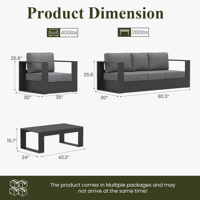 Modern Outdoor Aluminum 4-piece Conversation Set With Coffee Table, Dark Grey Cushion/Black Frame