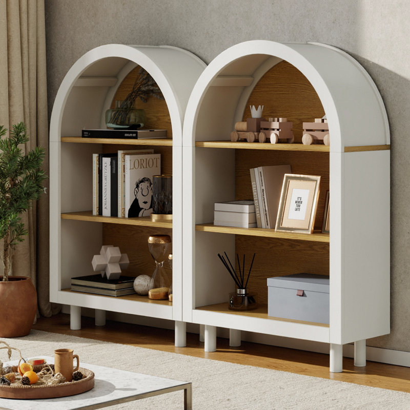Petite bibliothèque arquée avec 2 armoires de rangement en bois à 3 niveaux pour l'organisation de la maison
