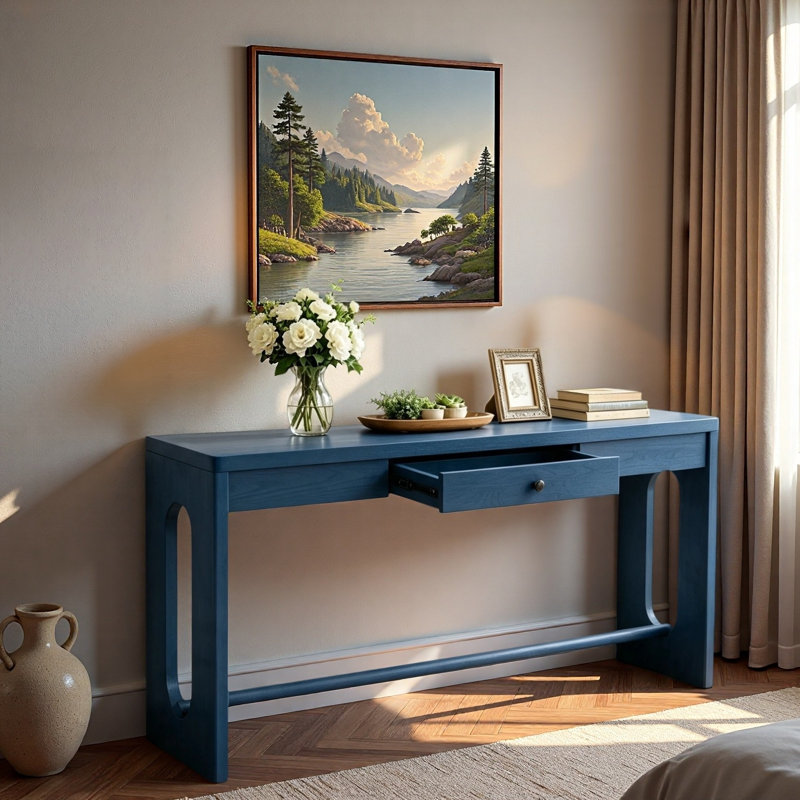 Console rétro avec tiroir, poignée ronde et pieds réglables, Navy Blue, Marine, Marine