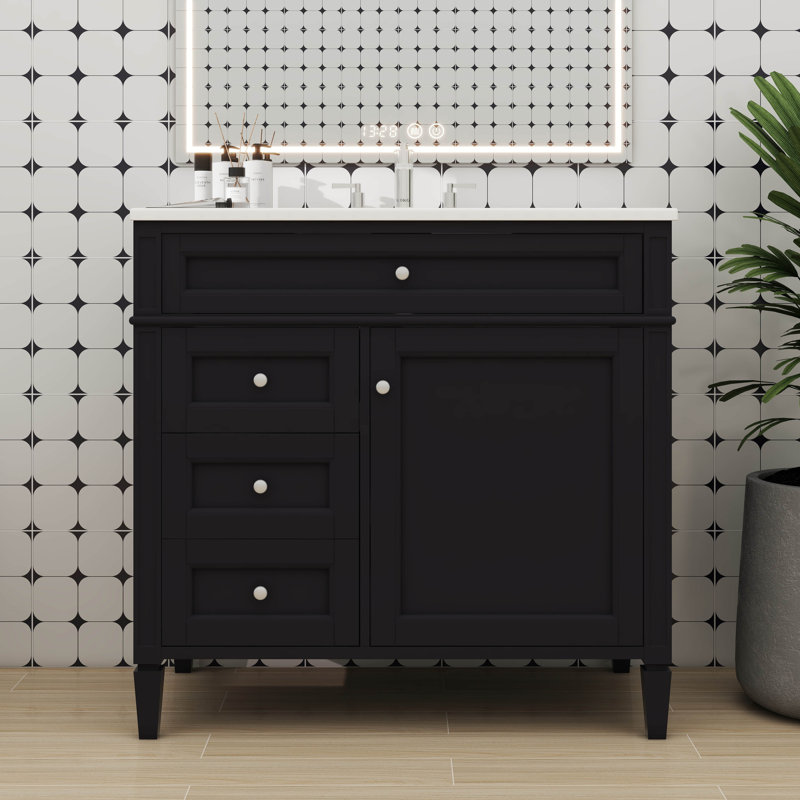 Meuble-lavabo contemporain de 36 po avec lavabo à montage sur le dessus et armoire de rangement contemporaine comprenant 2 tiroirs