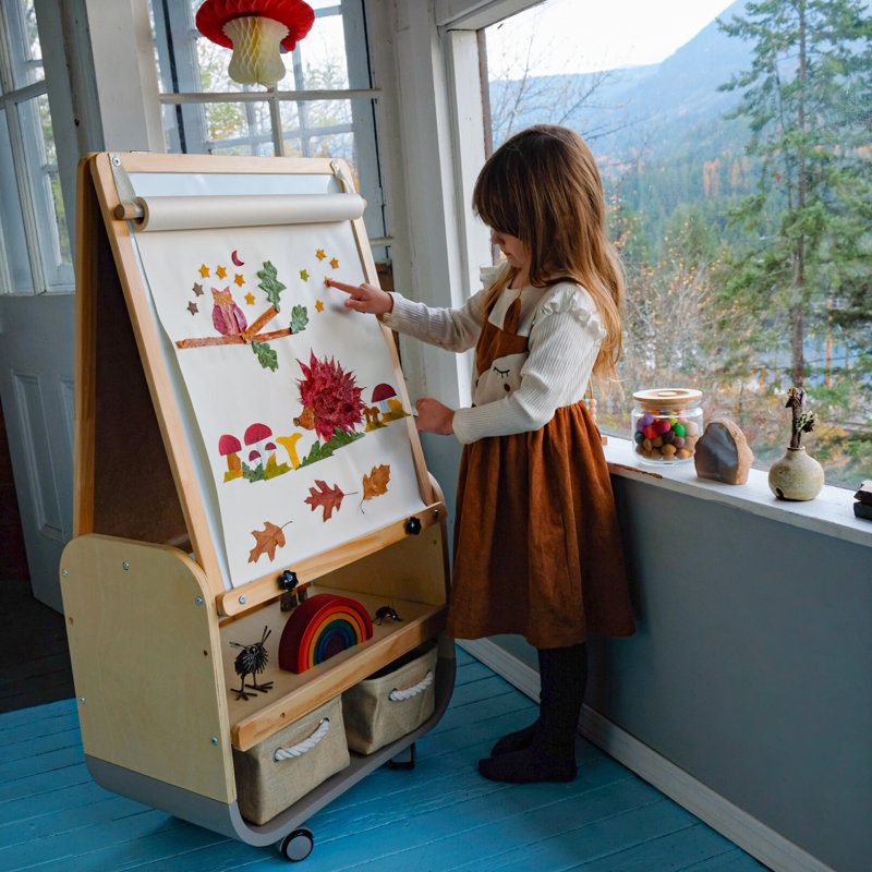 Kids Easel with Wheels, Wooden Drawing Board for Chidren, Large Double-Sided Boards, Height Adjustable