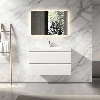 Meuble-lavabo flottant mural 36 po blanc brillant avec comptoir simple à surface solide blanc
