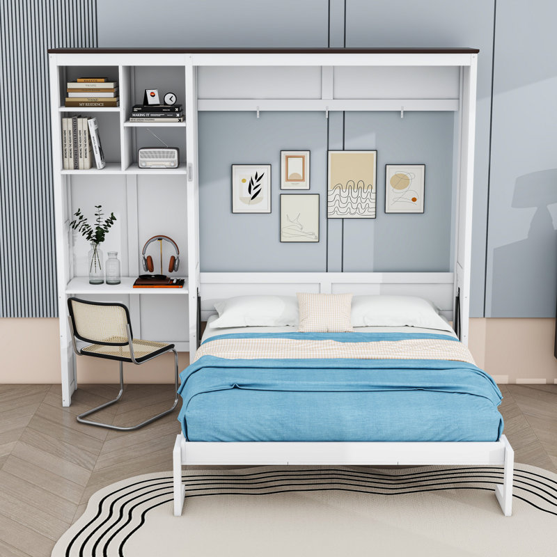 Grand lit escamotable avec bureau et armoire de rangement, White