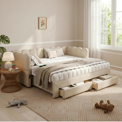 3ft Daybed With Trundle Bed, Usb And 2 Drawers Beige Chenille