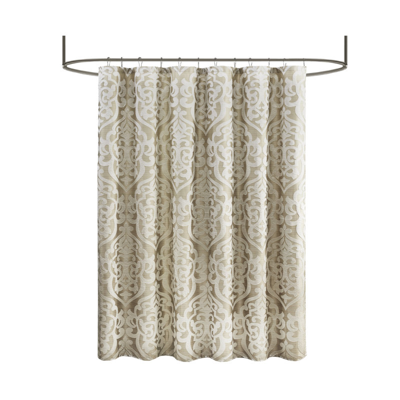 Tan and Ivory Damask Jacquard Fabric Shower Curtain