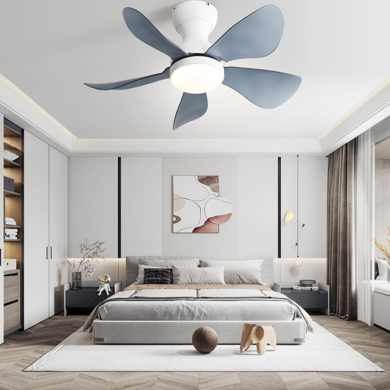 Kemp 29" 5-ABS-Blade Small Classic Ceiling Fan with LED Lights and Remote, White/Blue