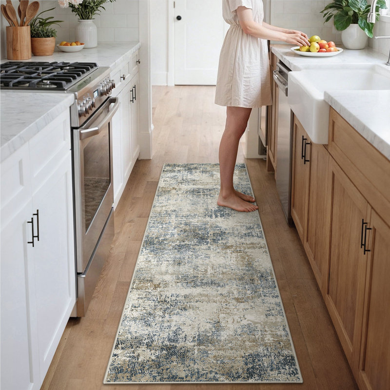 Abstract Washable Area Rug, Blue/Tan, Runner 80 x 300 cm