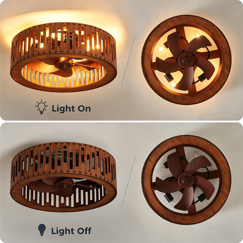 19.7" 4-Light Flush Mount Brown Wood Ceiling Fan Light, 5-Blade Rustic Fandelier with Remote Control and Reversible DC Motor for All-Season Use