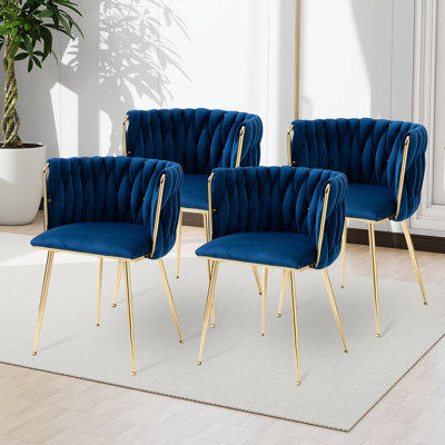 Ensemble de 4 chaises de salle à manger en velours tissé bleu marine avec pieds en métal doré