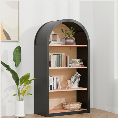 43" Tall Arched Bookcase with Storage Shelves, 4-Tier Black Bookshelf