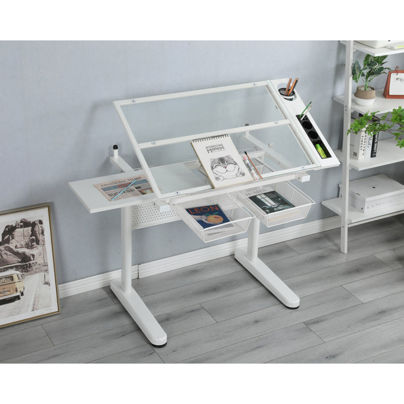 Hand Crank Adjustable Drafting Table Drawing Desk With 2 Metal Drawers With Stool, White