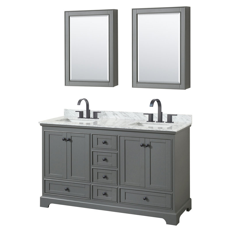 Ensemble de meuble-lavabo double 60 "avec miroir Deborah, Gris foncé, Chrome poli