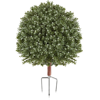 Artificial Topiary Ball Boxwood Bush, 20-inch Green Faux Shrubs with Metal Ground Spikes, Decorative Indoor & Outdoor Plants for Entryways, Porches, Balconies, Patios, and Gardens