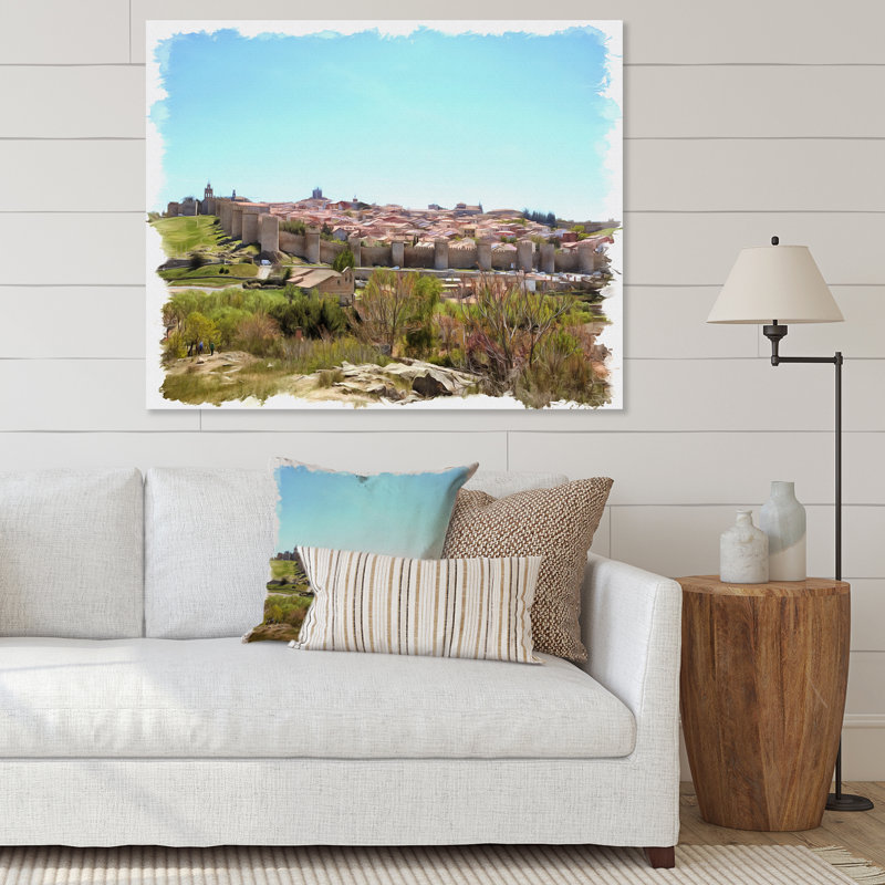 Vue sur les remparts de la ville médiévale - reproduction sur toile, H 24 po x l 32 po x P 1 po, Cadre photo noir