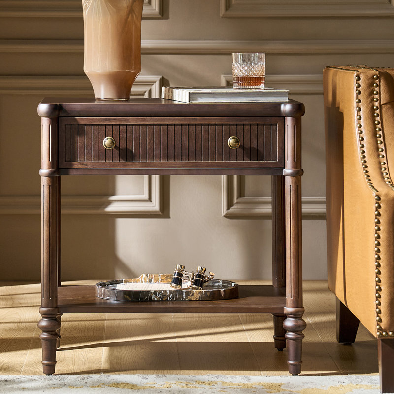 Hoai Jacky Transitional 26"Tall 1-Drawer End Table with Built-In Charging Ports, Walnut
