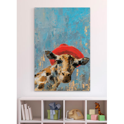 Giraffe's Red Hat - Wrapped Canvas Painting