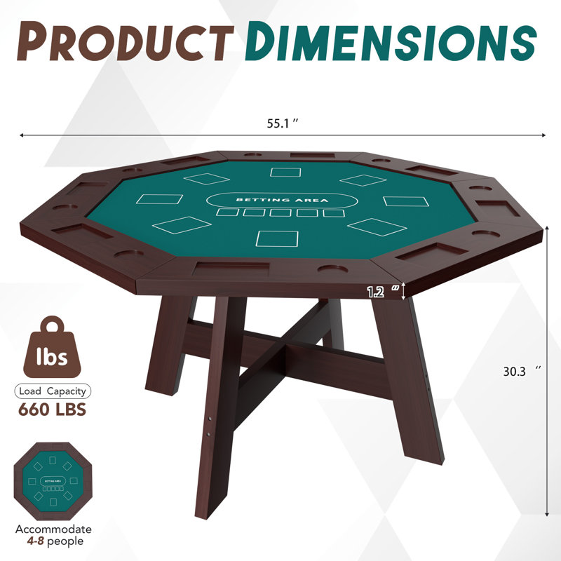 Table de poker pour 8 joueurs en bois massif avec porte-gobelet
