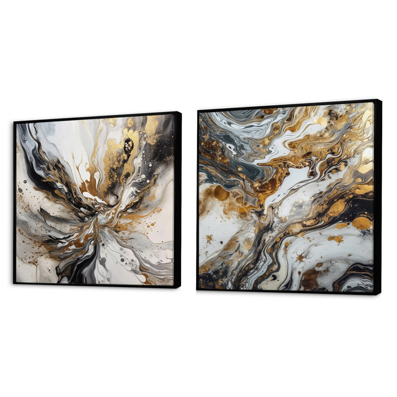 Peinture d'art avec tourbillons de marbre - ensemble de collage abstrait carré de 2, Cadre flottant noir, H 30 po x l 61 po