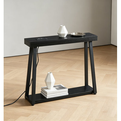 Slim Console Table With Charging Station, 36-Inch Narrow Entryway Table With AC Outlets And USB Ports, Modern Hallway Sofa Table With Metal Frame And Bottom Shelf