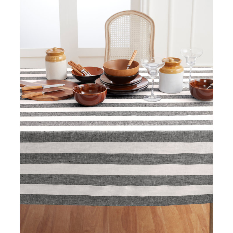 Cabana Stripe - 100% Pure Linen Tablecloth, 108" x 60", Black/White