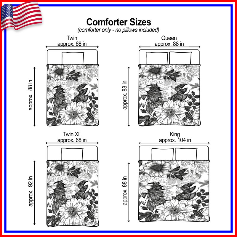 Black White Floral Illustration Comforter, Twin Extra Long