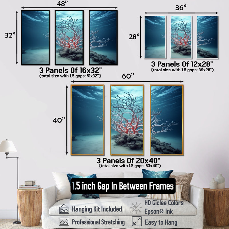 «Pink Branching Coral Serenity - Coastal Coral Under Water», ensemble d'art sur toile, Cadre naturel flottant