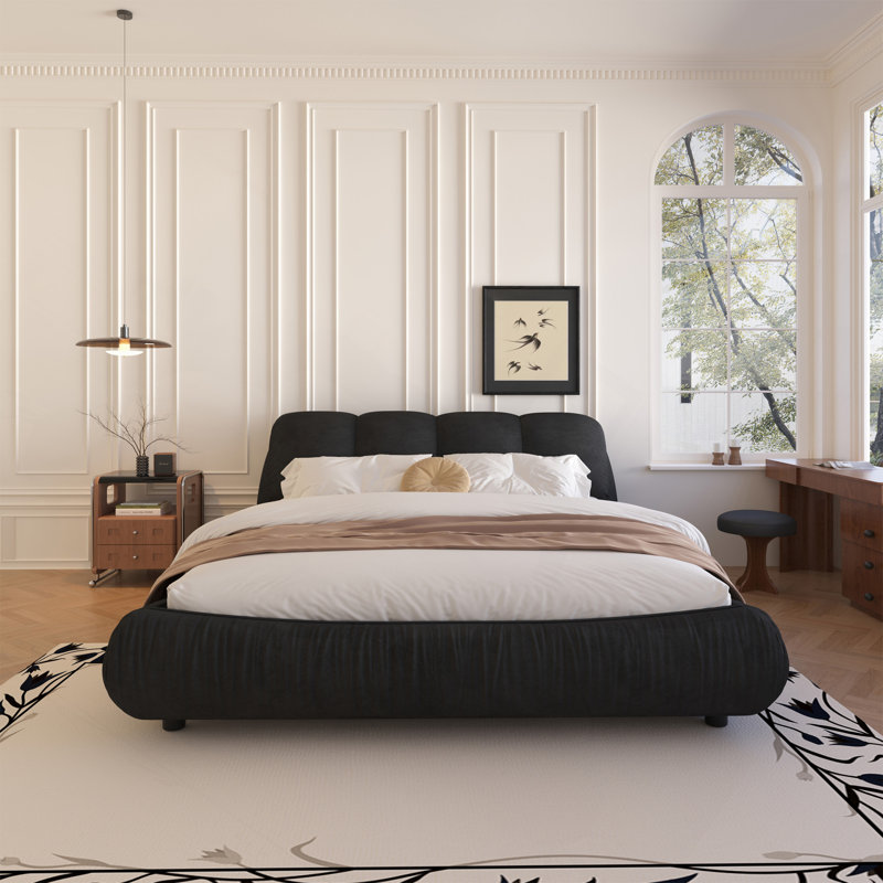 Très grand lit plateforme tapissier de très grand lit avec dossier rembourré surdimensionné et structure en bois, convenant à plusieurs hauteurs de matelas, noir