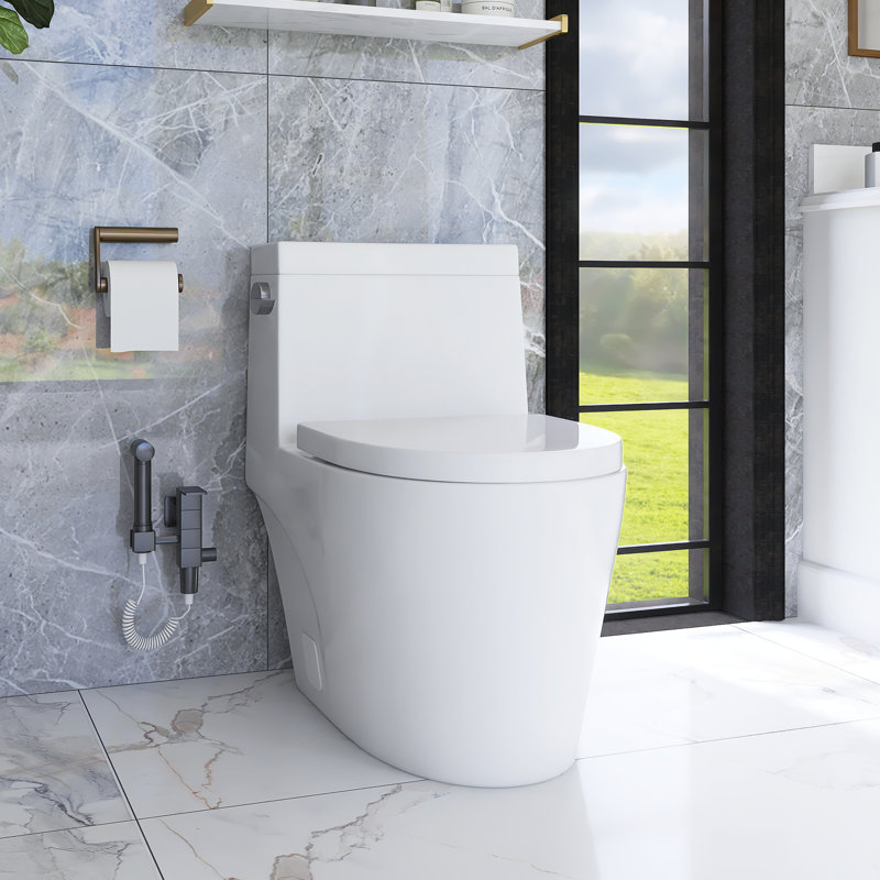 Toilette allongée 12 po à pièce unique avec chasse d'eau 1,28 GPF et siège blanc inclus