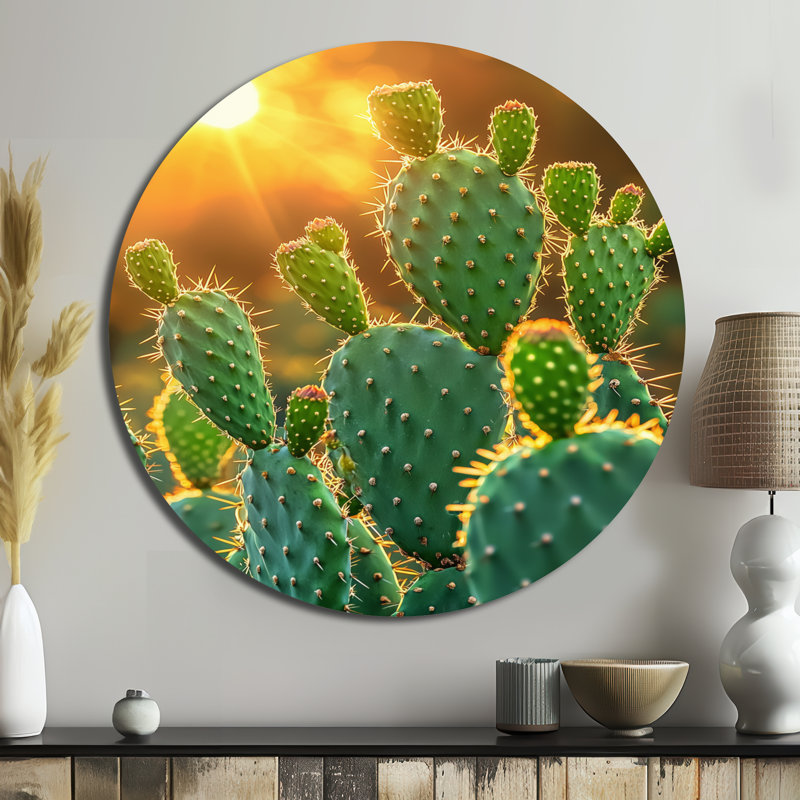 Mariusz - reproduction d'art traditionnelle verte en métal, art mural rond en métal Cactus, H 36 po x l 36 po