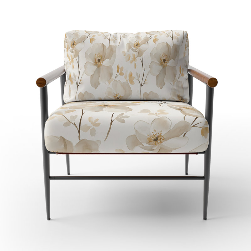 Chaise rembourrée French Country - Fauteuil crème beige, Bras ronds bruns
