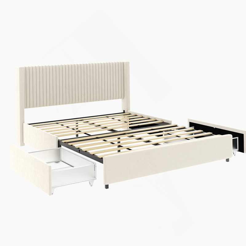 Lit plateforme tapissier à dossier grand avec rangement à deux tiroirs Anna