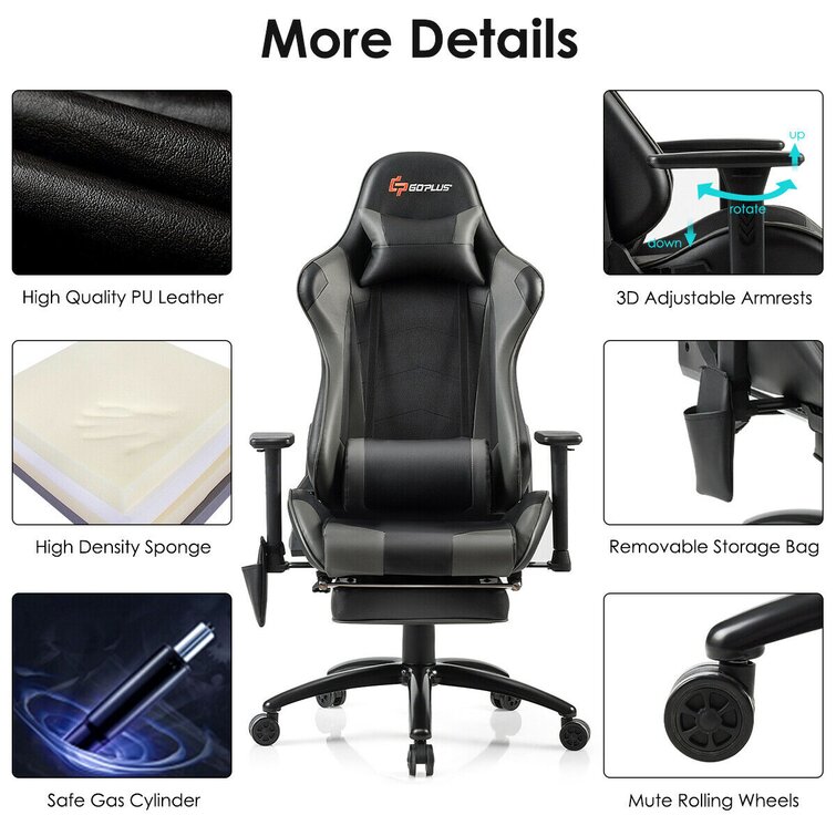 PU Leather Gaming Chair with USB Massage Lumbar Pillow and Footrest -  Costway