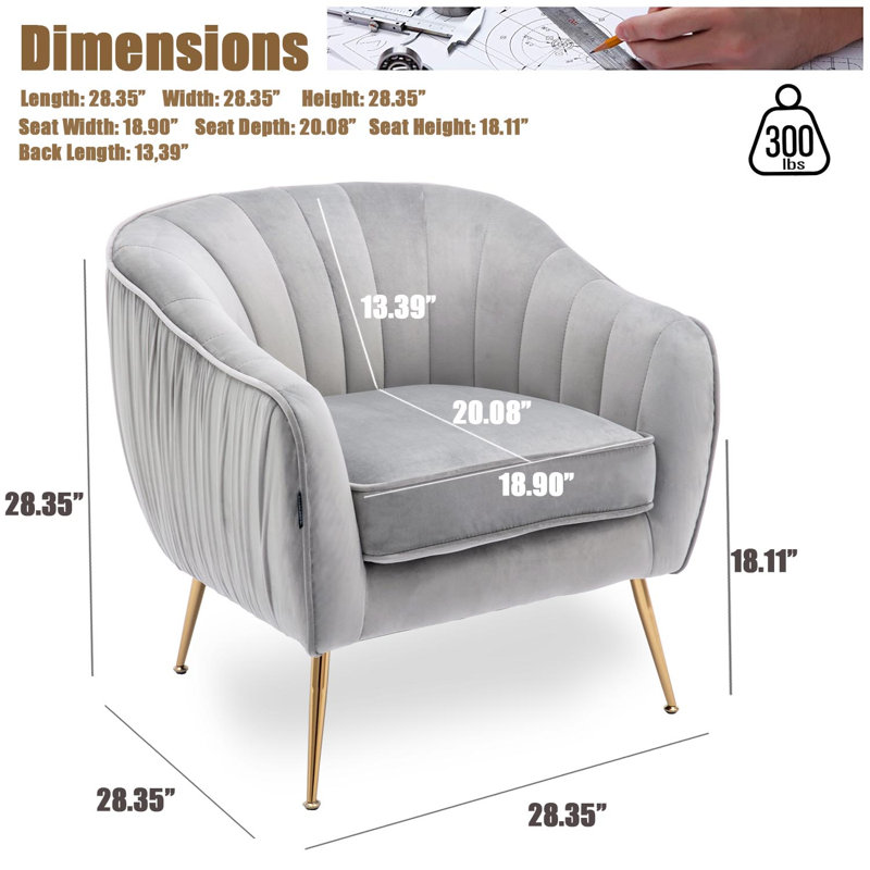 Velvet Accent Chair With Gold Finished Legs, Gray Velvet