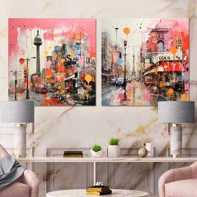 «Pink Vibrant Berlin Cityscape I», ensemble de 2 impressions sur toile Berlin