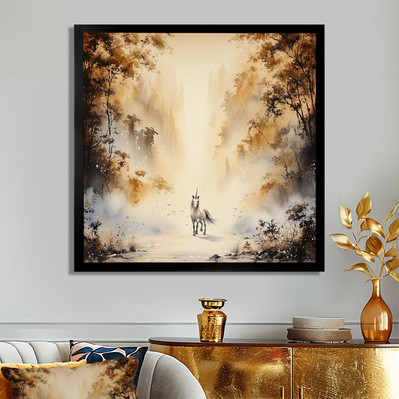 Fantasy Unicorn Journey I - Unicorns Wall Art Living Room, Picture Framed Print, Black, 16" H x 16" W