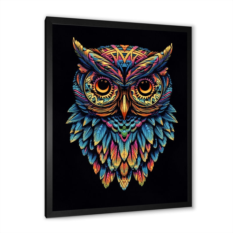 Portrait d'un hibou psychédélique sur fond noir I - impression, H 32 po x l 24 po x P 1 po, Cadre simple noir