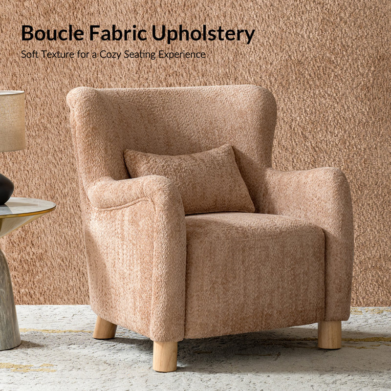 Walbert Modern Boucle Wingback Accent Chair With Pillow And Solid Wood Legs Set of 2, Sand Boucle